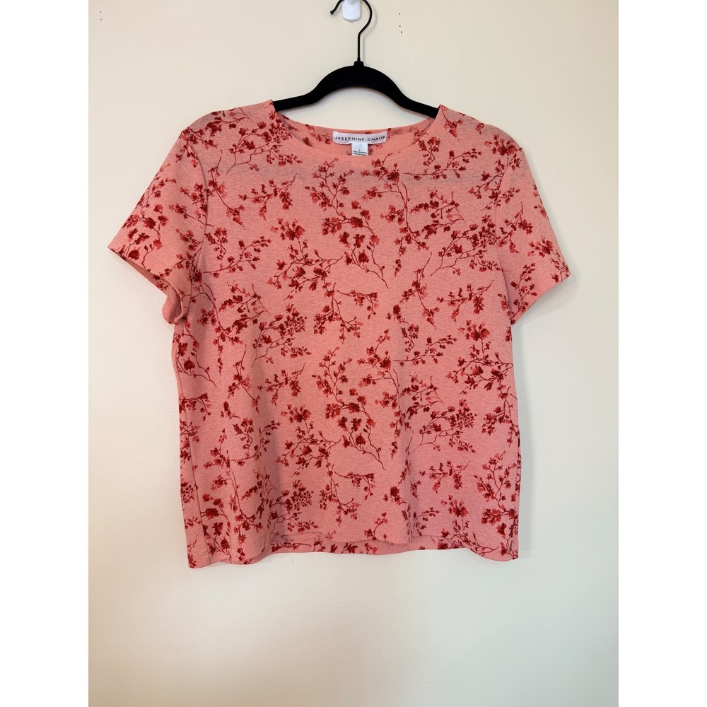 Josephine Chaus Coral Pink Red Floral Knit Short Sleeve Top RN51323 Large